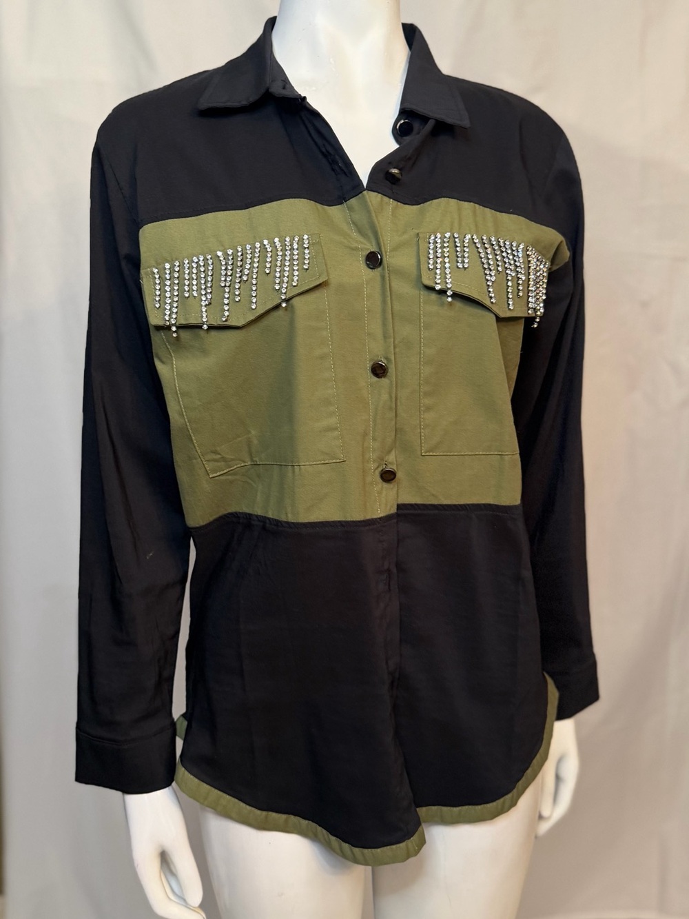 Design Lab Lord & Taylor Olive Green & Black Rhinestone Fringe Utility Jacket